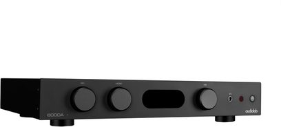 Amplificatore hi-fi stereo Audiolab 6000A nero, pannello frontale con tre manopole, display centrale e presa cuffie