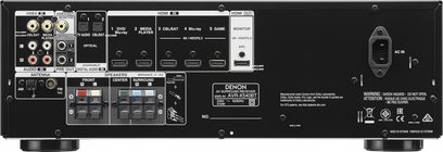 Denon AVR-X540BT sort home cinema-forstærker, bagside, audio/video-tilslutninger, højttalerterminaler, FM-antenne, strømstik