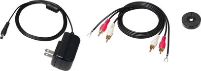 AT-LP70XBT sort, sort strømkabel, RCA-kabel med røde og hvide stik, sort cirkulær modvægt