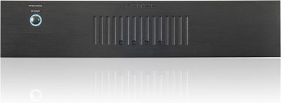 Rotel RKB-D850 sort multikanal-effektforstærker set forfra, ventilationsgitter, blå knap, 12 kanaler
