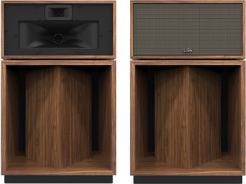 Cassa acustica a colonna Klipsch La Scala AL6 noce, parte frontale, finitura in legno di noce, altoparlante nero, griglia testurizzata a destra