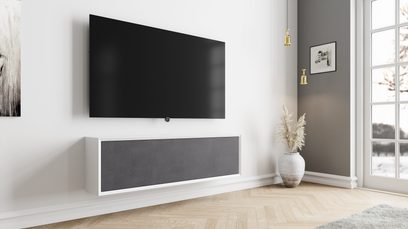 Audio-video-kaluste Clic TV Series Model TV55" 2S seinäkiinnitteinen kelluva valkoinen, tekstiilietulevy tummanharmaa, kolmen neljäsosan näkymä