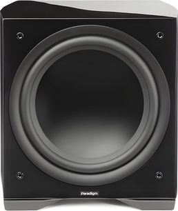 Paradigm Defiance S12 subwoofer, black enclosure made of unidentified material, front view, large circular speaker