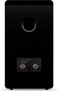 Sort Sonoro Orchestra Slim Gen 2 bogreolhøjttaler set bagfra med rundt basrefleksrør og højttalerterminaler + og -