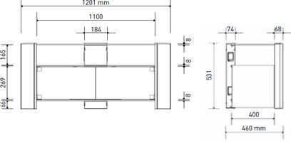 Erard Archi sort audio-/videomøbel, set forfra og fra siden med dimensioner, 2 hylder, 1 skuffe, metalramme