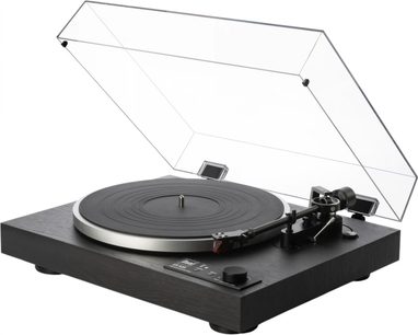 Tocadiscos vinilo hi-fi Dual CS 529 BT negro con chasis de madera texturizada, plato metálico plateado, tapa antipolvo de acrílico transparente levantada y brazo de lectura negro a la derecha, vista en tres cuartos desde el frente izquierdo