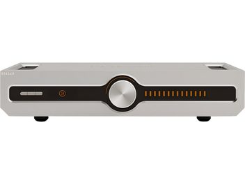 Preamplificator stereo Roksan CASPIAN 4G argintiu, vedere din față, buton central mare și indicatoare luminoase portocalii pe panoul frontal negru
