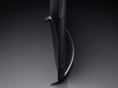 Panasonic TX-65CR850 black TV, left side view, curved screen, slim bezel, curved silver stand
