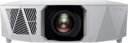 Epson EH-QL3000 projektor hvit, frontvisning, sentrallinse, trekantede ventilasjonsgitter, knapper til høyre