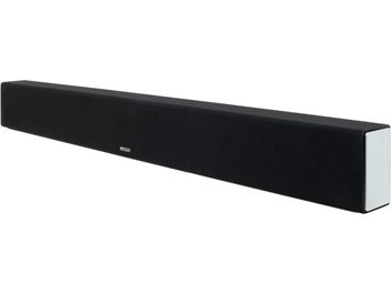 Černý soundbar Monitor Audio SB-4, pohled zepředu, protáhlý obdélníkový tvar, černá mřížka na přední straně