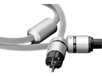 Síťový kabel GigaWatt LS-1 EVO+ 1,5 m, stříbrošedý opletený plášť se zástrčkami Schuko a IEC a válcovými filtry