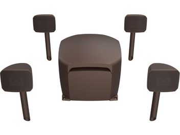 Colunas exteriores Klipsch Courtyard 4.1, plástico castanho, quatro satélites em estacas e subwoofer central, vista frontal