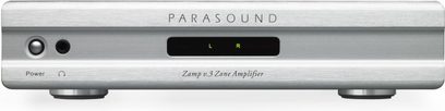 Parasound Zamp v3 sidabrinės spalvos stiprintuvas, vaizdas iš priekio, šlifuoto aliuminio priekinis skydelis su rankenėlėmis, lizdais ir šviesos indikatoriumi