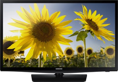 Nærbillede af gule solsikker på skærmen af en Samsung UE19H4000 HD-fladskærm