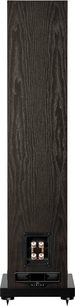 Gulvhøjttaler Fyne Audio F501E, bagside, mørk træfinish, metalforbindelser, base med stabiliserende spikes