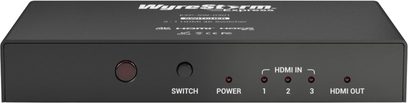 HDMI-switch og -splitter fra Wyrestorm SW-0301 i sort med 3 HDMI IN-porte, 1 HDMI OUT-port, en kontakt og strømindikatorlampe