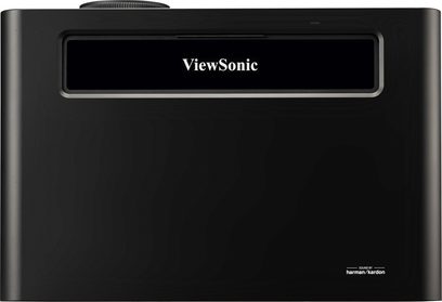 ViewSonic X1-4K svart videoprojektor, frontvisning, LCD-skjerm som viser "ViewSonic", kompakt rektangulær design