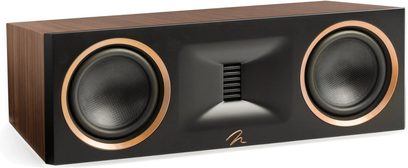 MartinLogan Motion XT C100 centerhøjttaler i valnød med to sorte cirkulære højttalere omkranset af kobber og en central diskant