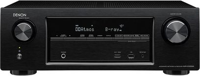 Amplificatore home theater Denon AVR-X1200W nero, pannello frontale, display blu, pulsanti e manopole argentate, 2 prese per cuffie