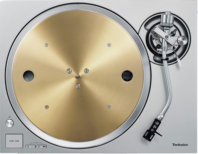 Gramofón Technics SL-1300GE-S zhora, zlatý kruhový tanier, strieborné rameno na pravej strane, tlačidlo štart-stop