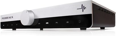 Perreaux Audiant-serie stereo hi-fi-forstærker, set forfra, sort og sølvfarvet front, knapper og digitalt display, hovedtelefonstik