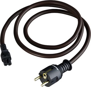 Napájecí kabel Real Cable PSKAP15 1,5 m, hnědý nylonový opletený plášť, černá Schuko zástrčka s pozlacenými kontakty a černá C7 vidlice na koncích, pohled shora