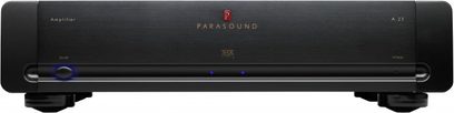 Zesilovač Parasound Halo A23 černý, přední panel s modrým displejem, tlačítky a konektory, pohled zepředu