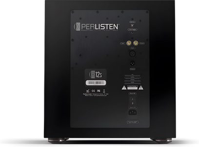 Заден изглед на сабвуфер Perlisten R12s, черна конекторна плоча, кръгли конектори, метални крака