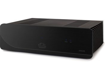 Atoll Electronique AM400 Evolution high-fidelity effektforstærker i sort, rektangulært kabinet i sort børstet aluminium, set fra højre forfra i trekvart vinkel, glat front med afrundede hjørner og centreret logo, tre blå LED-indikatorer og sideplacerede køleribber