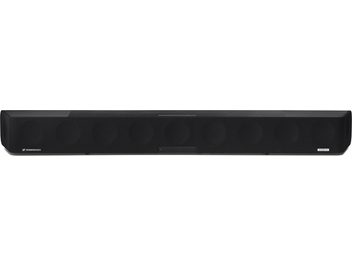 Sennheiser AMBEO Soundbar Max soundbar i svart, framifrån, perforerat metallgaller, skärm, vit logotyp