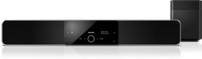 Sort Philips HTS-8141 soundbar med LED-skærm, der viser "00:00 SURR ON", set forfra