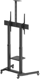 Norstone Pro Vision Max TV-Ständer aus schwarzem Metall, Dreiviertelansicht, zwei perforierte vertikale Säulen mit verstellbarer Querstrebe, zentrale Ablage, obere Platte und H-förmige Basis mit vier Rollen