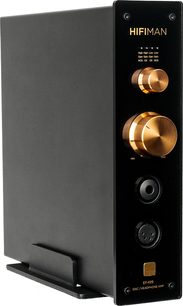 High-fidelity headphone preamp Hifiman EF499, three-quarter view, black front, 2 gold buttons, 2 jack sockets, 1 switch