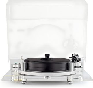 Hi-fi грамофон Michell Engineering Orbe, изглед отпред, черна платерна плоча със стабилизатор за плоча, акрилно шаси, повдигнат капак