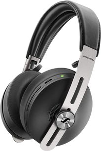 Černá bezdrátová sluchátka Sennheiser Momentum 3 circum-aurální, pohled z levého profilu, hlavový most a náušníky z černé kůže