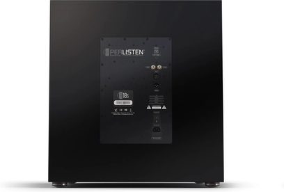 Perlisten R18s zemfrekvenču skaļrunis, aizmugures skats, melns savienojumu panelis, audio savienotāji, redzamas metāla kājas