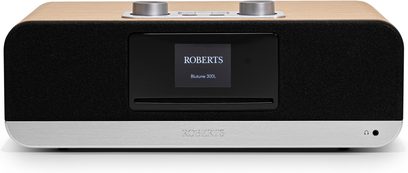 Roberts Blutune 300L Tischradio in Kirschbaum, schwarze Front mit zentralem Display, gebürstete Metallbasis und zwei silbernen Knöpfen