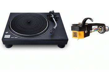 Чорний вініловий програвач Technics із S-подібним тонармом і жовтим звукознімачем Nagaoka MP-110, окремо праворуч