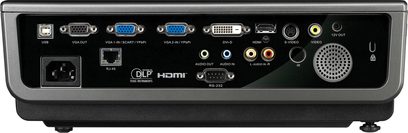 Optoma EX779 videoprojektor, bagside, audio/video-tilslutninger, VGA-, HDMI-, USB-, RS-232-, DVI-D-, IR-, 12V out-porte
