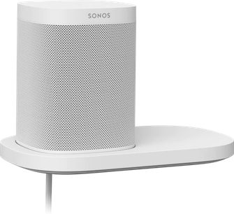 Sonos Shelf Lautsprecherständer weiß, Vorderansicht, ovale weiße Basis, zylindrische perforierte Metallabdeckung oben