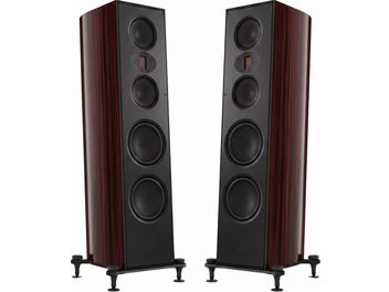Paire d'enceintes colonnes T+A Solitaire S430 finition macassar, façade noire à cinq haut-parleurs et socle à pointes