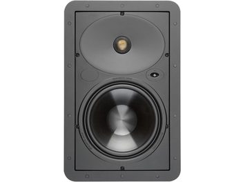 Indbygget Monitor Audio Core W180 højttaler i metalgrå, set forfra, med cirkulær højttaler og centralt placeret gylden diskant
