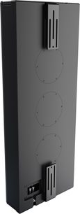 Zabudovateľný subwoofer Perlisten D3is, matná čierna kovová skriňa, zadný 3/4 pohľad, 3 priskrutkované kryty, dve lišty, reproduktorové svorky