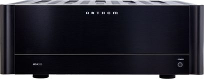 Anthem MCA-325 sort effektforstærker, set forfra, sort front med logo, tænd/sluk-knap