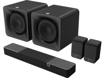 Soundbar Klipsch Flexus Core 100 nera con due subwoofer Sub 100 e due diffusori surround Surr 100 abbinati