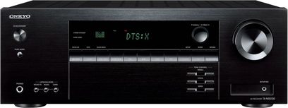 Schwarze Frontplatte des Onkyo TX-NR5100 Heimkino-Receivers, grünes Display, Bedienelemente und Drehregler