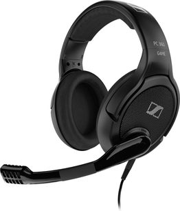Sennheiser PC360 sort hovedtelefon, polstret hovedbøjle, lukkede runde ørepuder, mikrofon på fleksibel arm, set fra venstre trekvartersvinkel