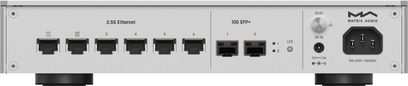 Switch Matrix Audio SS‑1 in silver aluminum, rear view, six aligned 2.5G RJ45 ports, two 10G SFP+ cages, ground screw, black DC socket and IEC power connector