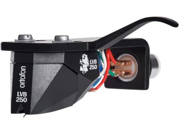 Ortofon 2M BLACK LVB 250 forudmonteret pickup, venstre sidevisning, synlige farvede stik og kabler
