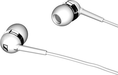 Dva bílé a stříbrné špunty do uší Sennheiser MM50 IP, z profilu, s nástavci a tenkými nožkami